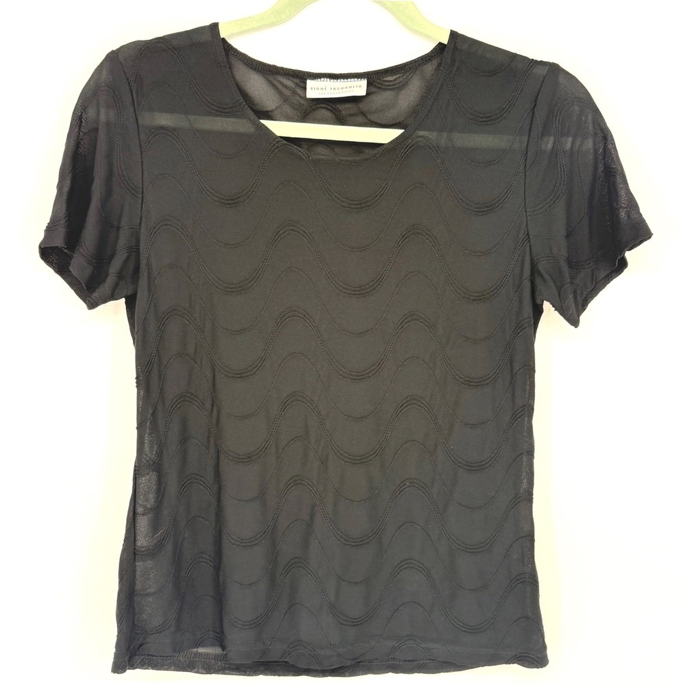 SIGNE INCOGNITO Sheer Mesh Wavy Textured Short Sleeve Top Black C&A Exclusives